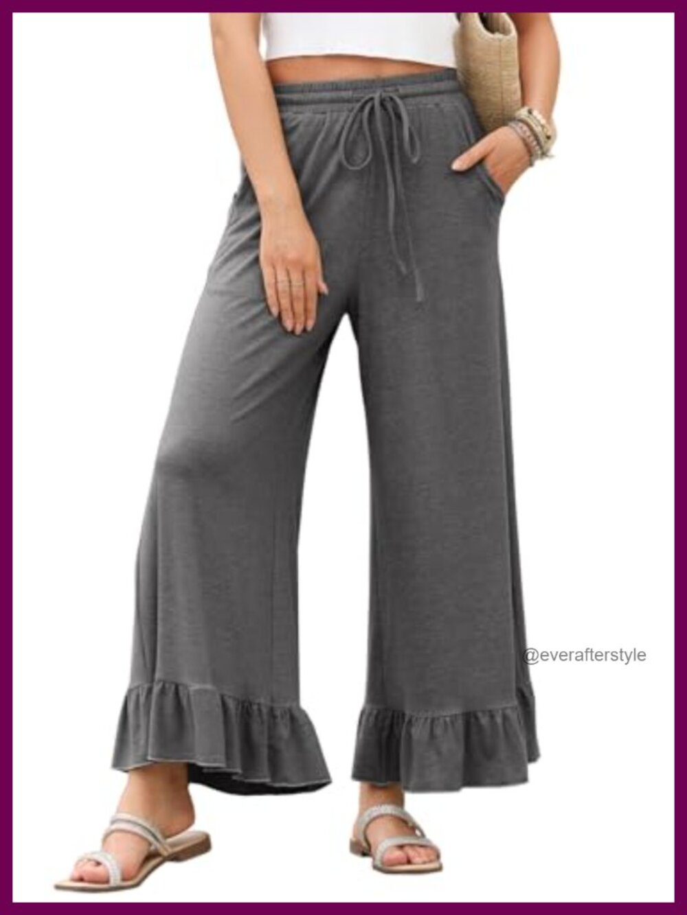 Wide Leg Palazzo Pants Ruffle Hem Drawstring High Waist Pockets